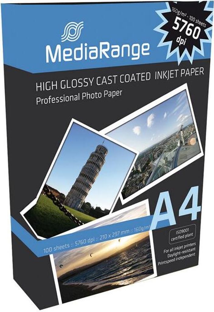 MediaRange Foto Papier hochglänzend A4 160g 100 Blatt Produktbild 