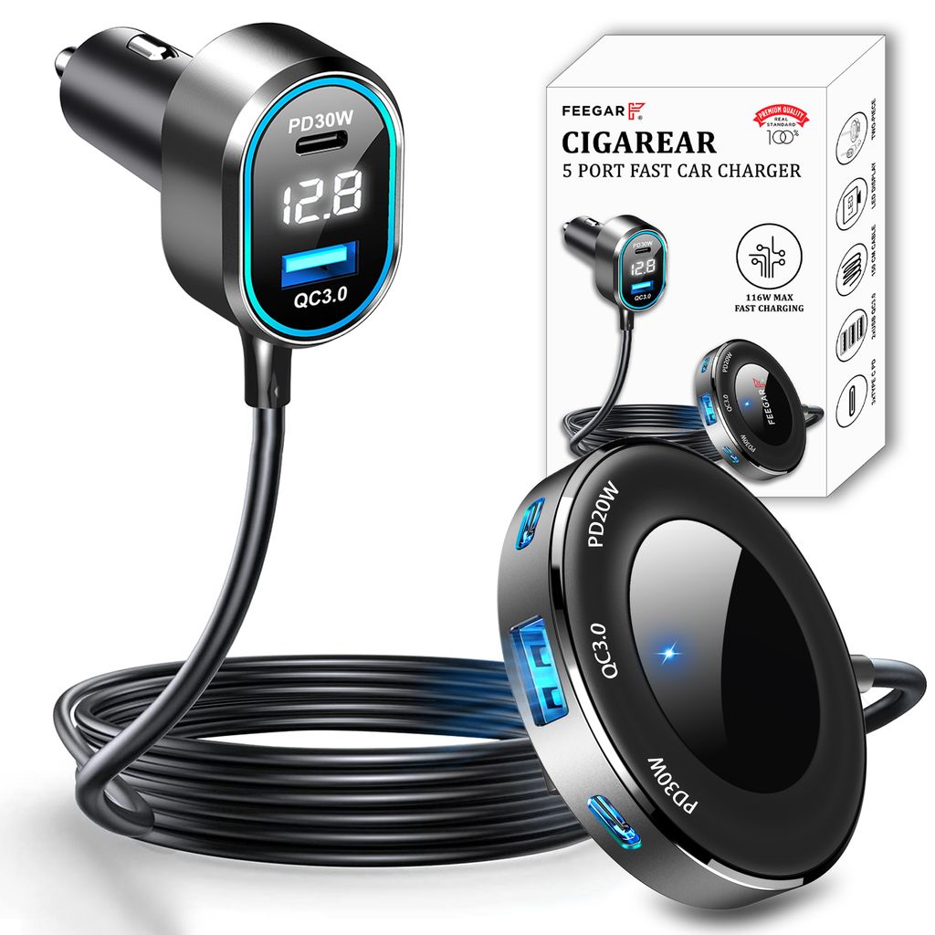 Feegar CigaRear 116W, 5X USB QC 3.0 PD 30W Auto Ladegerät, 12V/24V Zigarettenanzünder Adapter USB KFZ Verteiler LED Spannunganzeige für Smartpho...