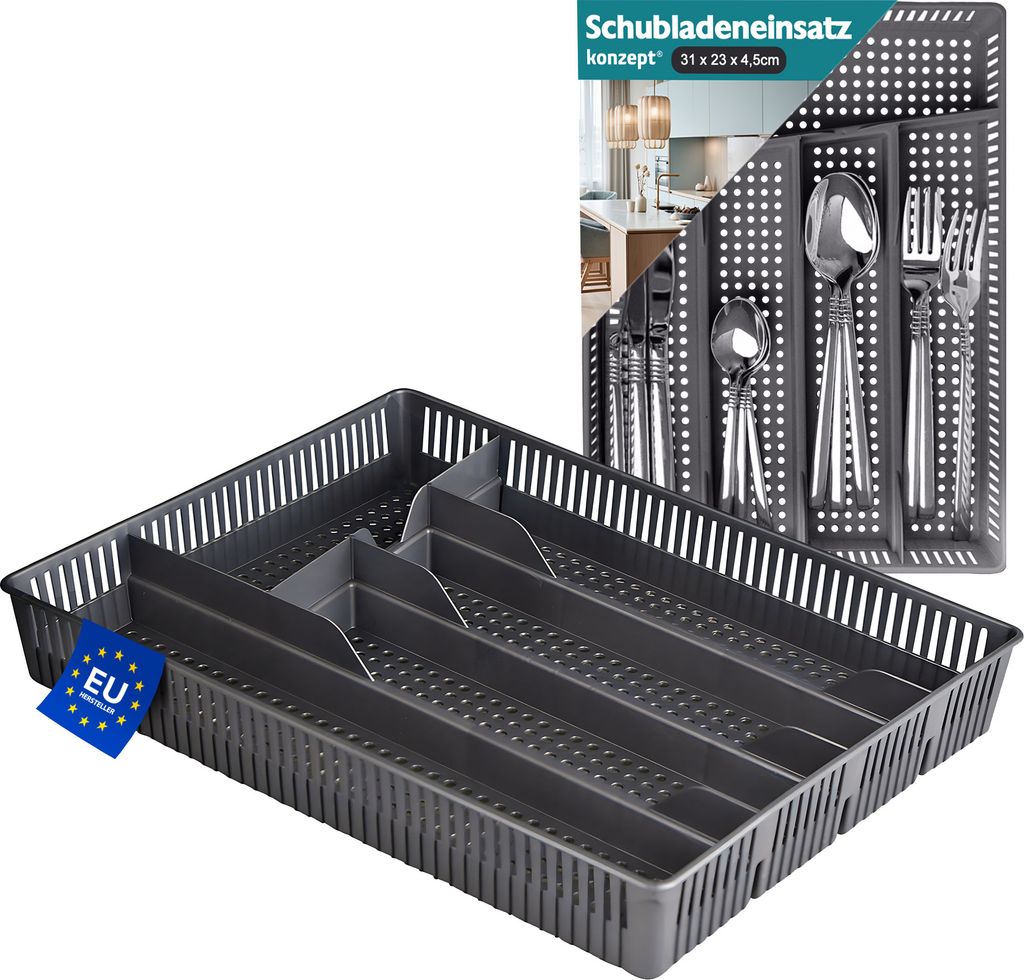 KONZEPT Besteckkasten für Schubladen 31x23x4,5cm Grau - Produktbild 