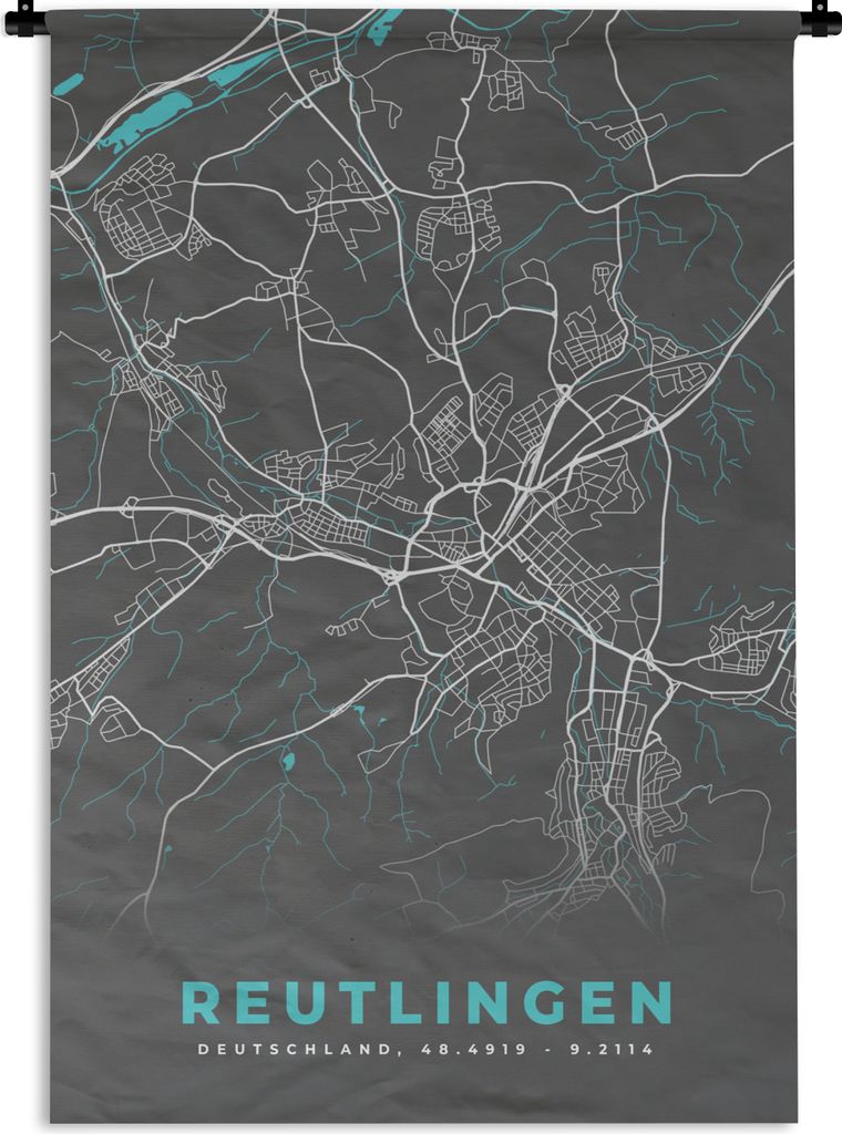 MuchoWow Wandteppich Wandbehang Stadtplan - Karte - Reutlingen - Blau - Deutschland - Karte 120x180 cm Tapisserie Dekoration Wandtuch - Schlafzim...