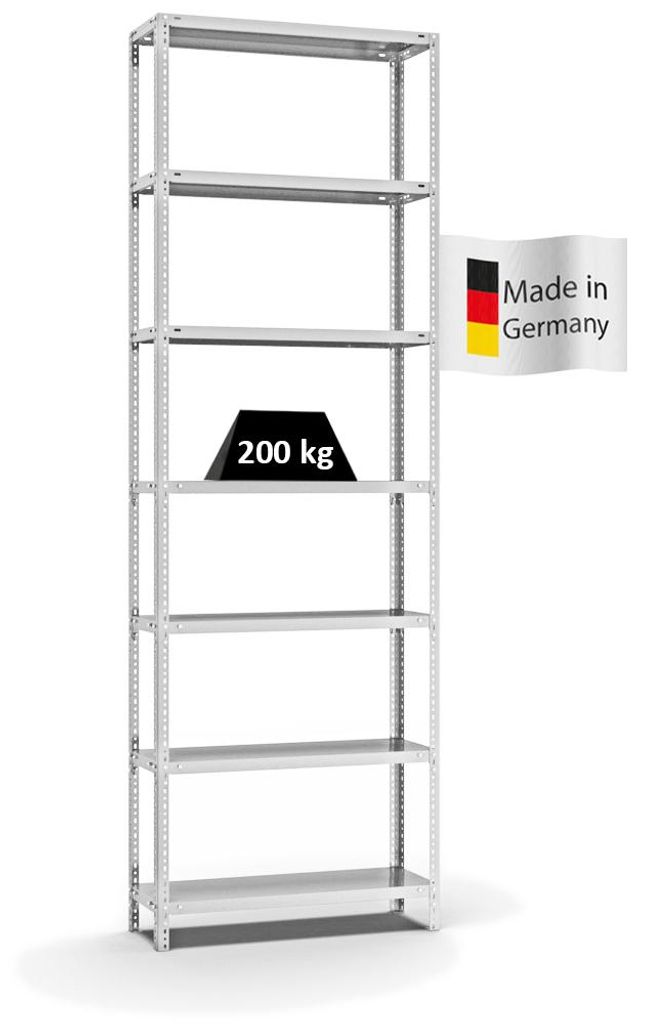 PROREGAL Fachbodenregal Schraubsystem MAGNUS Germany | HxBxT 300x100x30cm | 7 Ebenen | Fachlast 200 kg | Beidseitig nutzbar | Lichtgrau