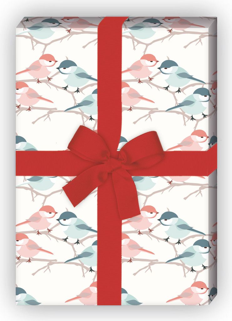 Frühlings Geschenkpapier rot blau mit Meisen Paar auch für Verliebte - G11661, 32 x 48cm