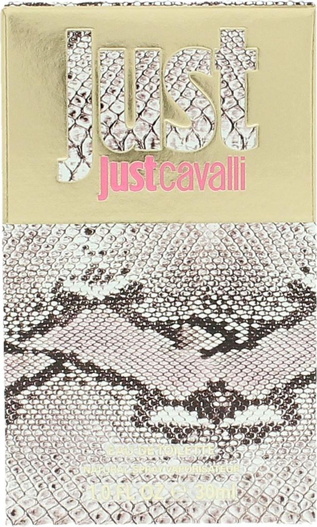A close-up of a gold box with the brand name 'JUST' in a snakeskin pattern and 'justcavalli' below it in pink. The bottom half of the image shows a detailed snakeskin pattern.
