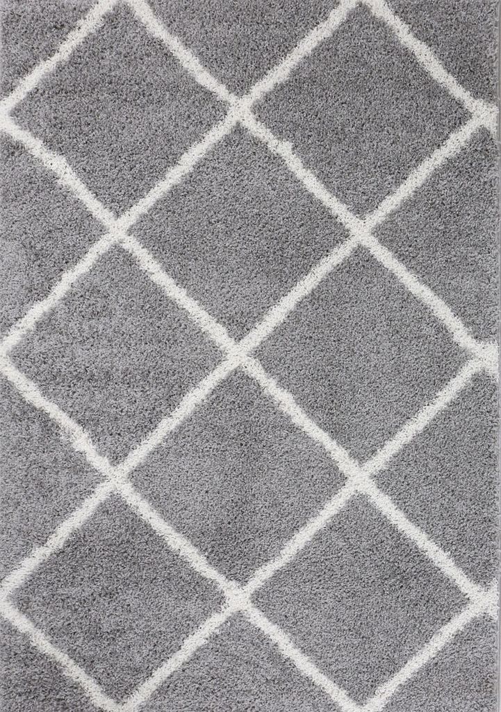 Hochflor Teppich Wohnzimmer Shaggy Skandi Design Rautenmuster Grau Creme Robust Weich Strapazierfähig, Maße:100x200 cm