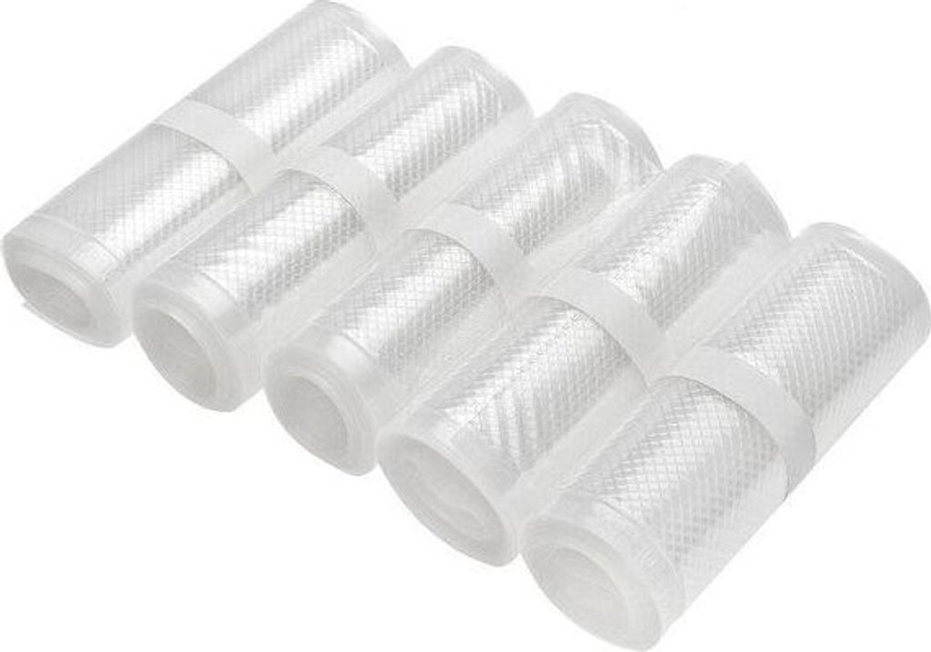 A set of vacuum sealer rolls arranged diagonally on a white background.