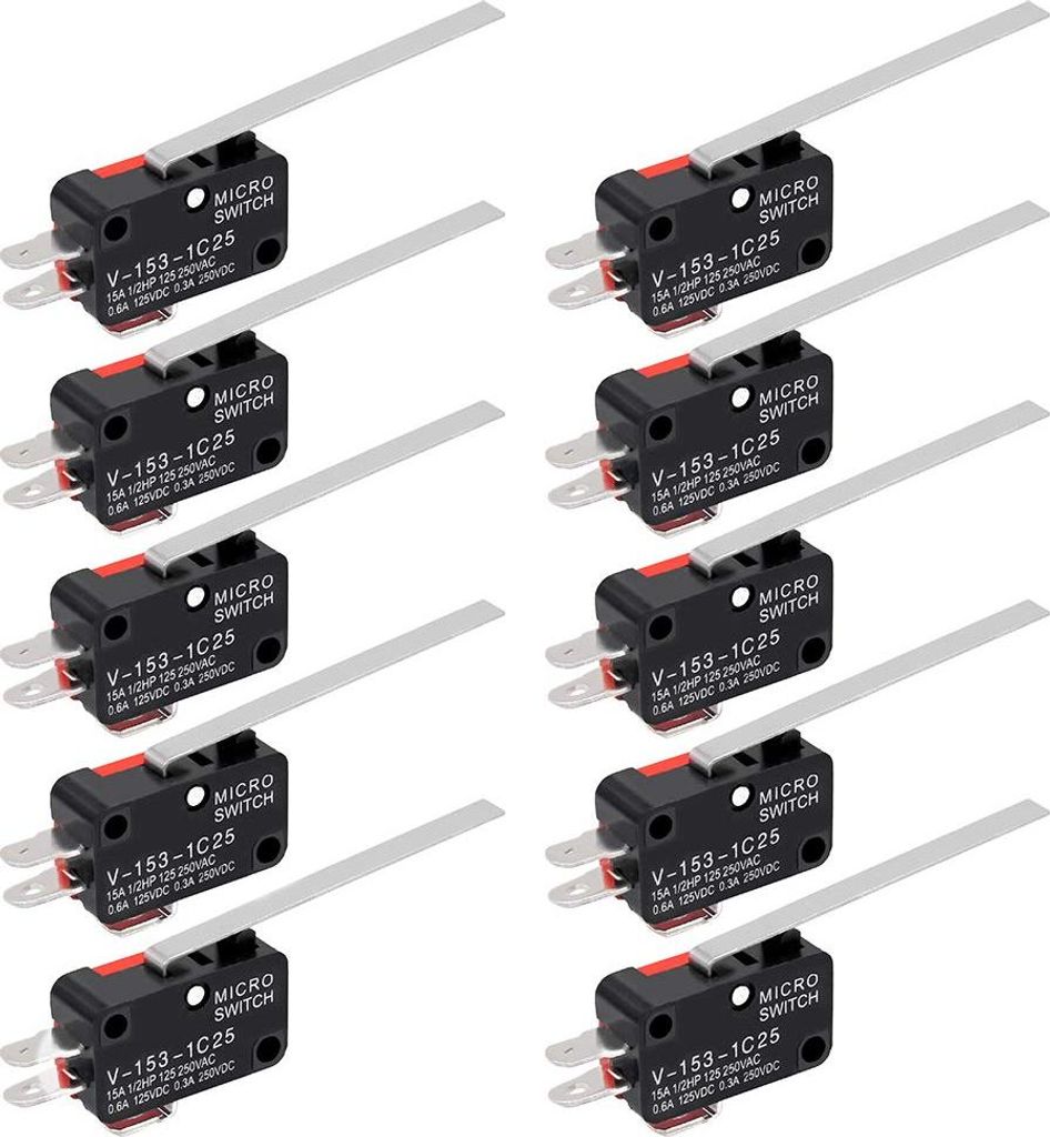 10er-Pack Mikro-Endschalter mit Scharnierhebel (SPDT, 1Ö, 1SCH), langer Hebel, 3-polig, für Arduino
