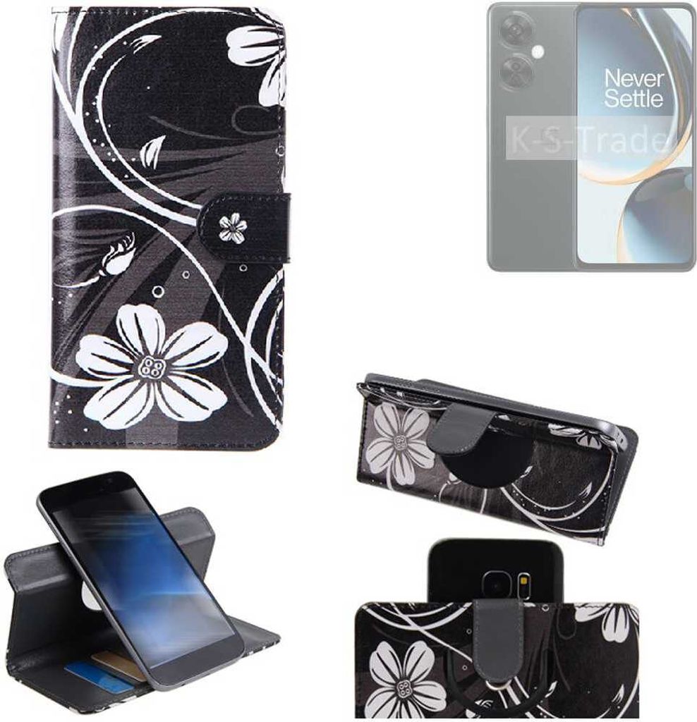 K-S-Trade Schutzhülle Handyhülle kompatibel mit OnePlus Nord CE 3 Lite Hülle 360° Wallet Case “Flowers“ Klapphülle Hülle schwarz-weiß 1x