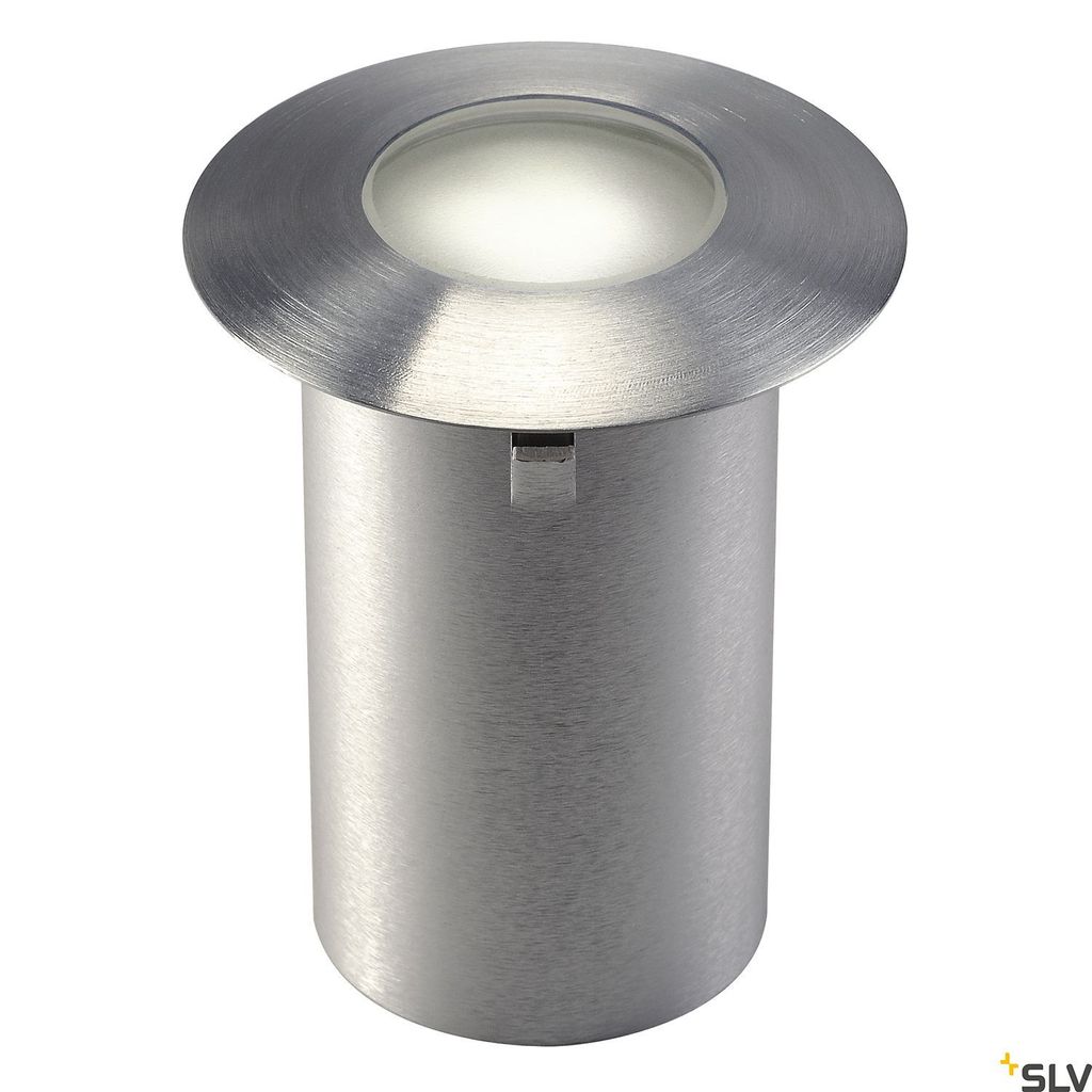A recessed floor light with a brushed metal finish and a frosted glass lens emitting a soft white light.