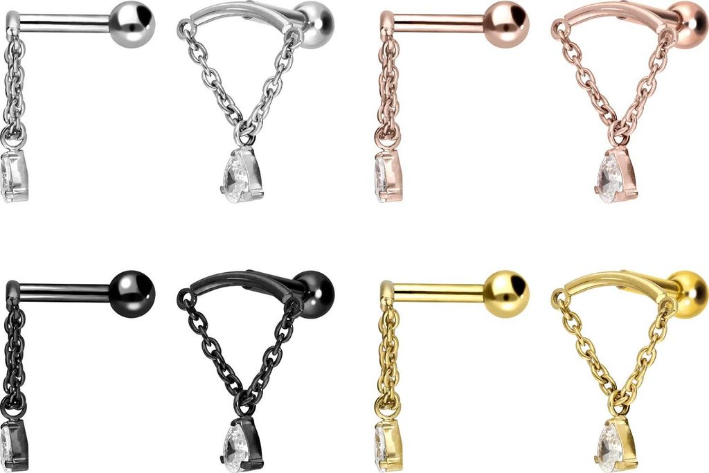Ohrpiercing Titan Ohrpiercing mit Innengewinde BOGEN + KETTE + KRISTALLTROPFEN Gold Stablänge: 6mm