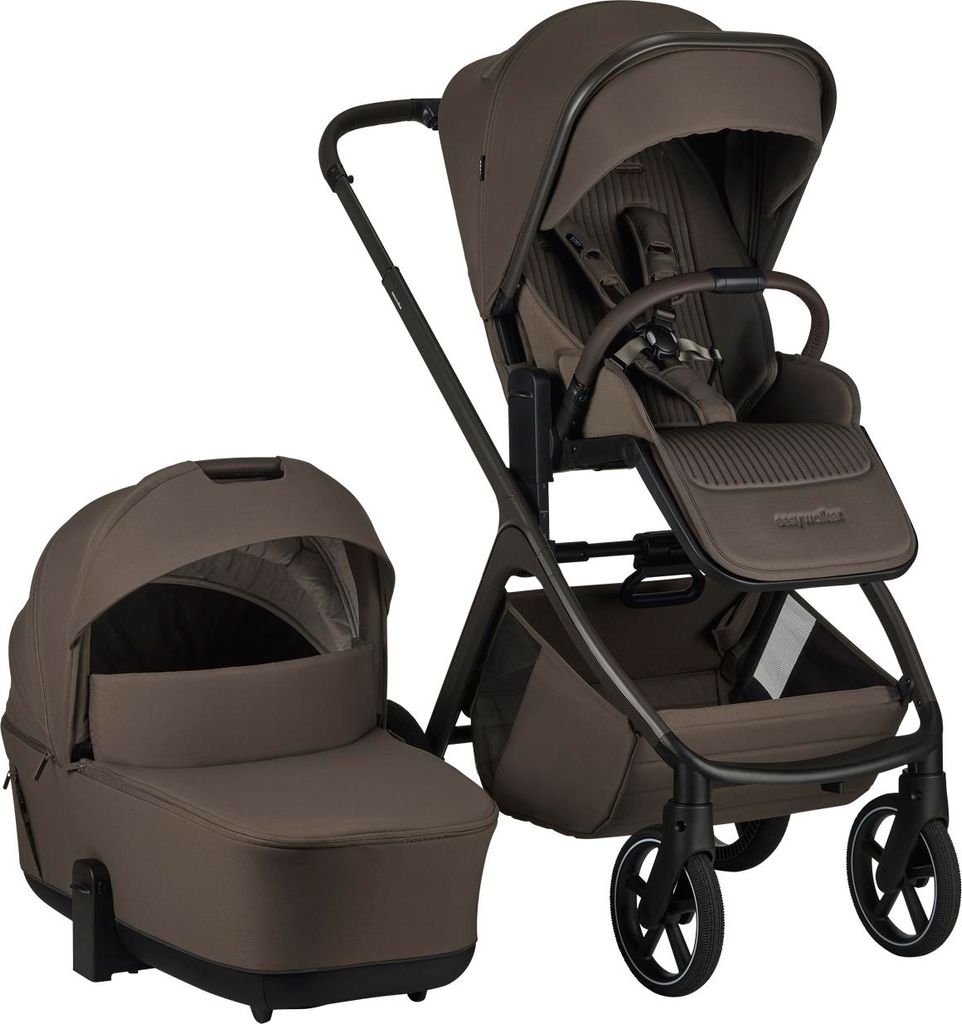 A brown stroller and bassinet are displayed against a white background.