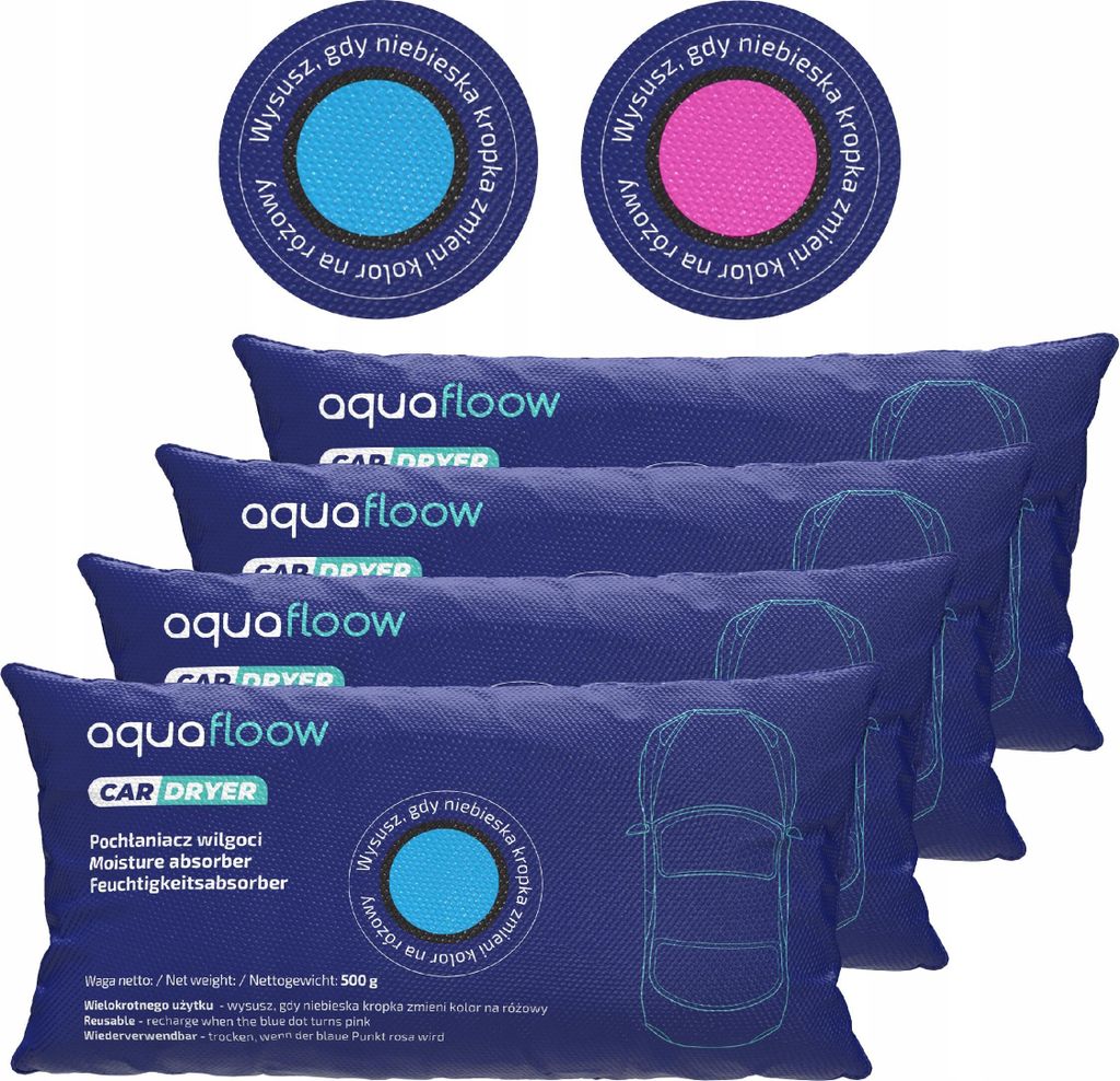 Aquafloow 4 Stück 500g Autofeuchtigkeitsabsorber mit Indikator - Wiederverwendbar, Siliziumdioxid