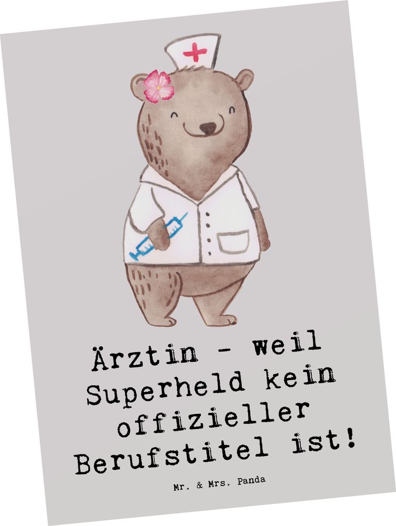 Mr. & Mrs. Panda Grußkarte Ärztin Superheld - Grau Pastell - Geschenk, Ansichtskarten, Bewunderung, Berufe, Hingabe, Ansichtskarte, spruchkarte, ...