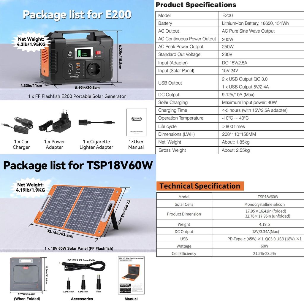 Tragbare Powerstation + Solargenerator - E200 Set - 151Wh Li‐Ion - 200W Reiner Sinus 230V - 60W Faltbares Monokristallines Solarpanel - USB‐C P...