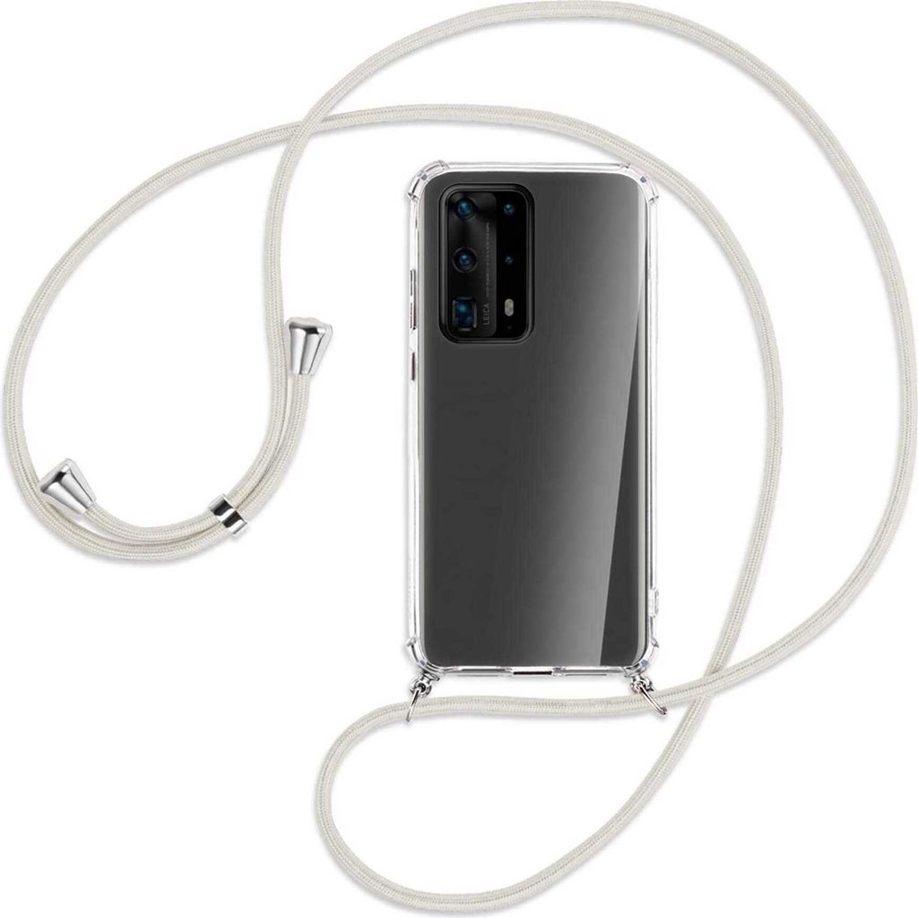 Handykette Backcover-Schutzhülle mit Band (Metall silberfarben) für Huawei P40 Pro Plus - broken white