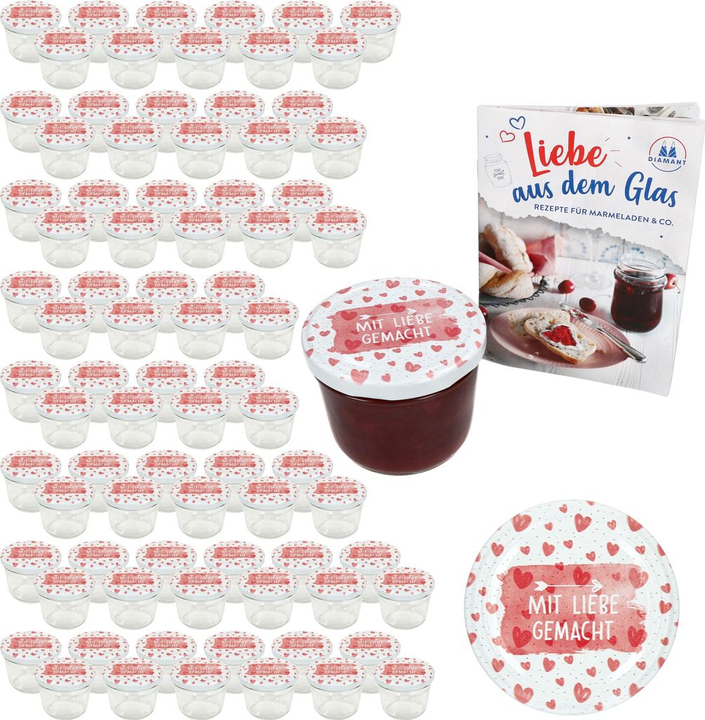 A collection of small jars with lids, a recipe book, and a single jar filled with jam, all decorated with hearts and the phrase 'Mit Liebe gemacht'.