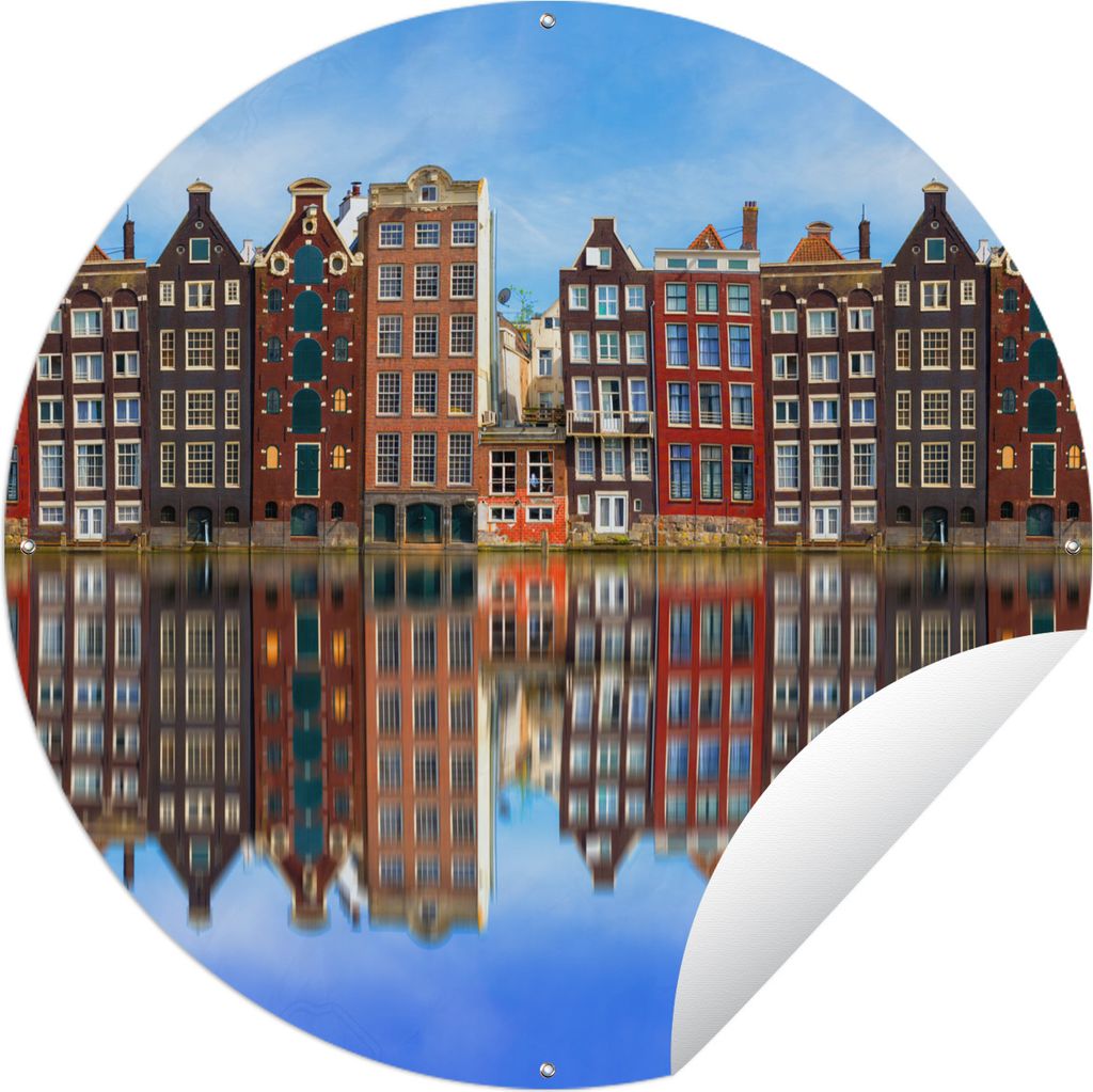 MuchoWow Gartenposter Outdoor-Poster Rund Spiegelung der Amsterdamer Grachtenhäuser Ø 150 cm Gartendeko Rundes Poster draußen