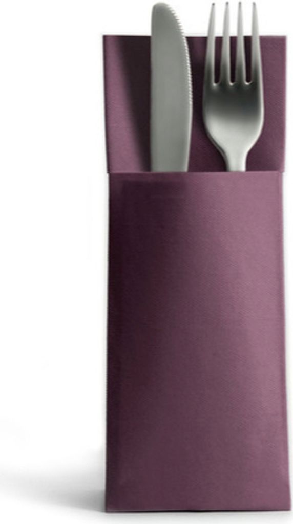 A fork and knife are neatly placed inside a purple napkin or cutlery holder.