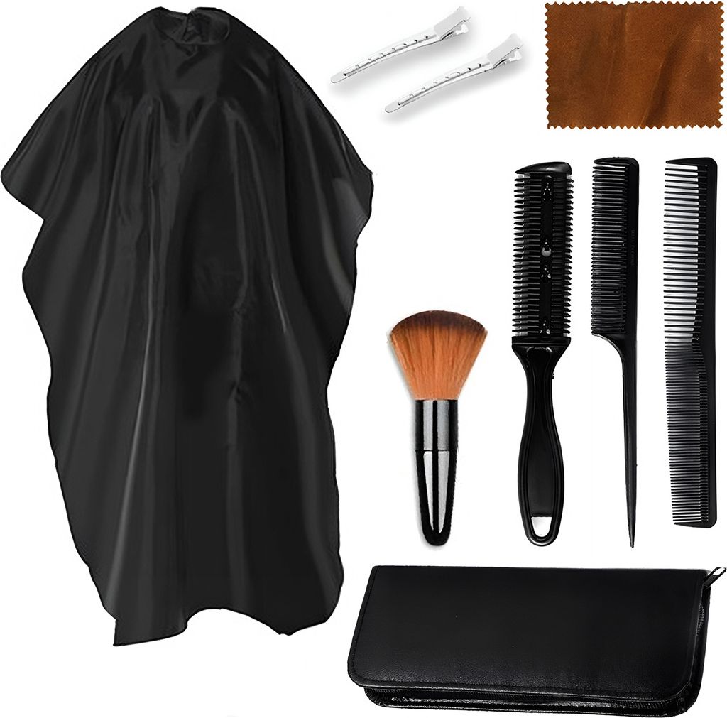 Friseurset aus 8 Elementen Friseurumhang + Nackenbürste + Friseurkämme + Doppeltrimmer + zwei Metallclips + Etui + Tuch