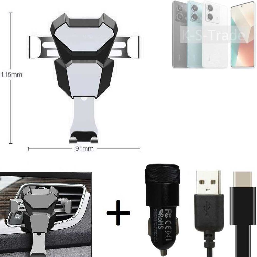 K-S-Trade Lüftungsschlitz Halterung kompatibel mit Xiaomi Redmi Note 13 5G Lüftungshalterung Lüftungsgitter schwarz-silber Auto-Halterung