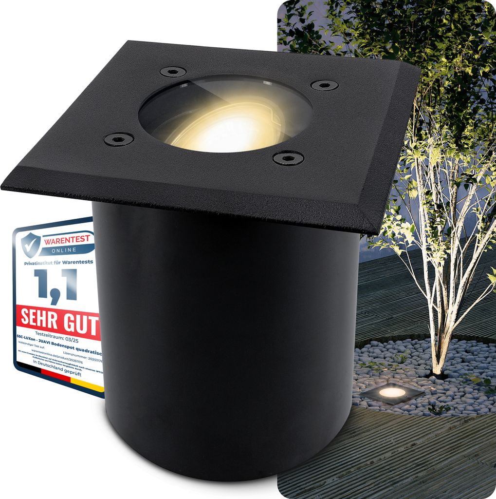 SSC-LUXon 3x JUAVI Bodeneinbauleuchte aussen IP67 LED - Bodenstrahler schwarz eckig 230V befahrbar - inkl. GU10 LED Lampe LumiFLEX 5W drei Lichtfarben