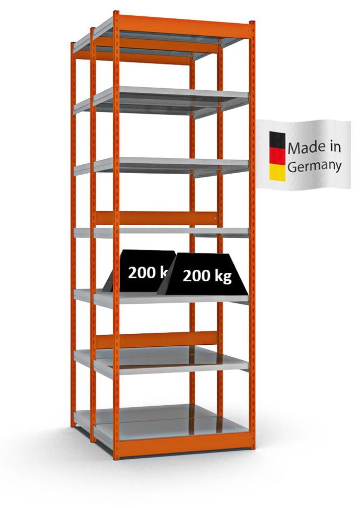 PROREGAL Fachbodenregal Stecksystem Vierkant-Profil MAGNUS Germany | HxBxT 300x102,5x50cm | 2x7 Ebenen | Fachlast 200kg | Orange/Verzinkt