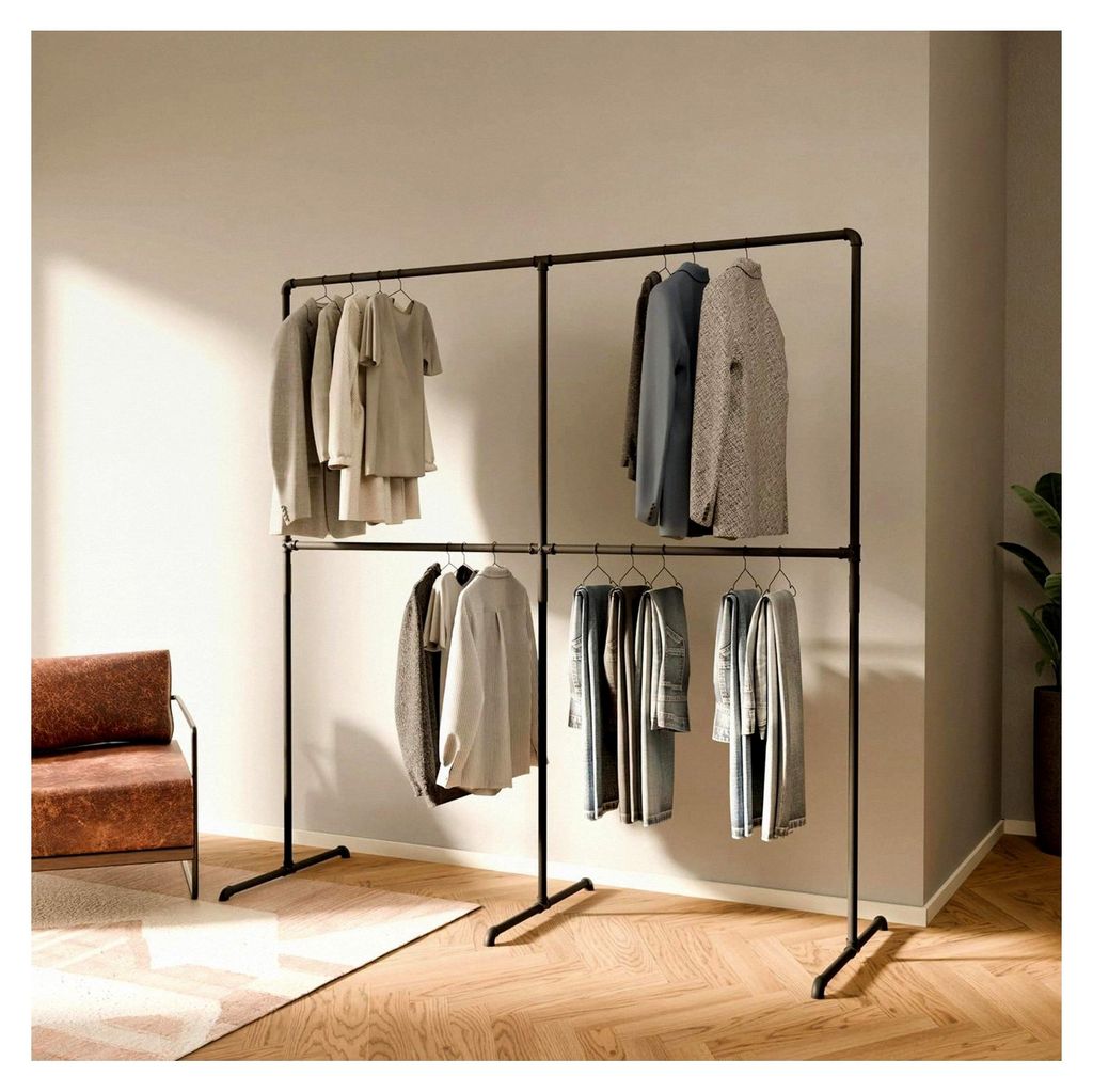Kleiderständer Schwarz – Freistehende Kleiderstange im Industrial Design 195 x 194 cm – Offener Kleiderschrank & Garderobenständer aus Metall...