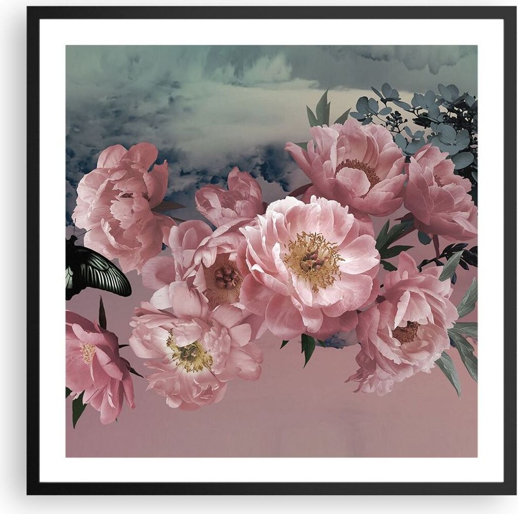 Gerahmtes Poster - Schwarzer Rahmen - Blumen Schmetterling Wolken - 60x60 cm - Wand Bild - Wanddeko - Wandbilder - Kunstposter - Wandposter - Bilde...