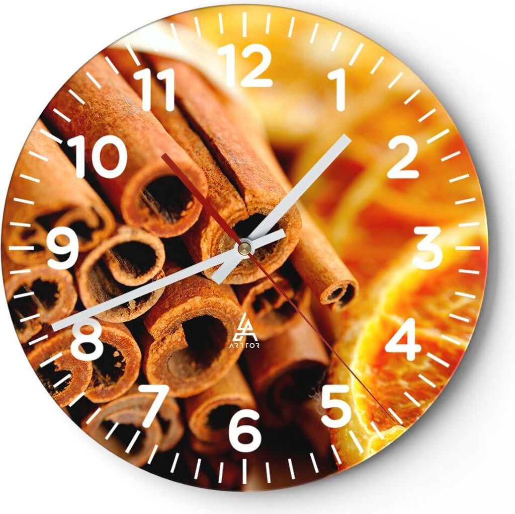 Wanduhr - Rund - Glasuhr - Zimt Orange Haufen - 30x30cm - Schleichendes Uhrwerk - Lautlos - zum Aufhängen bereit - Dekoration Modern - Wanddekorat...