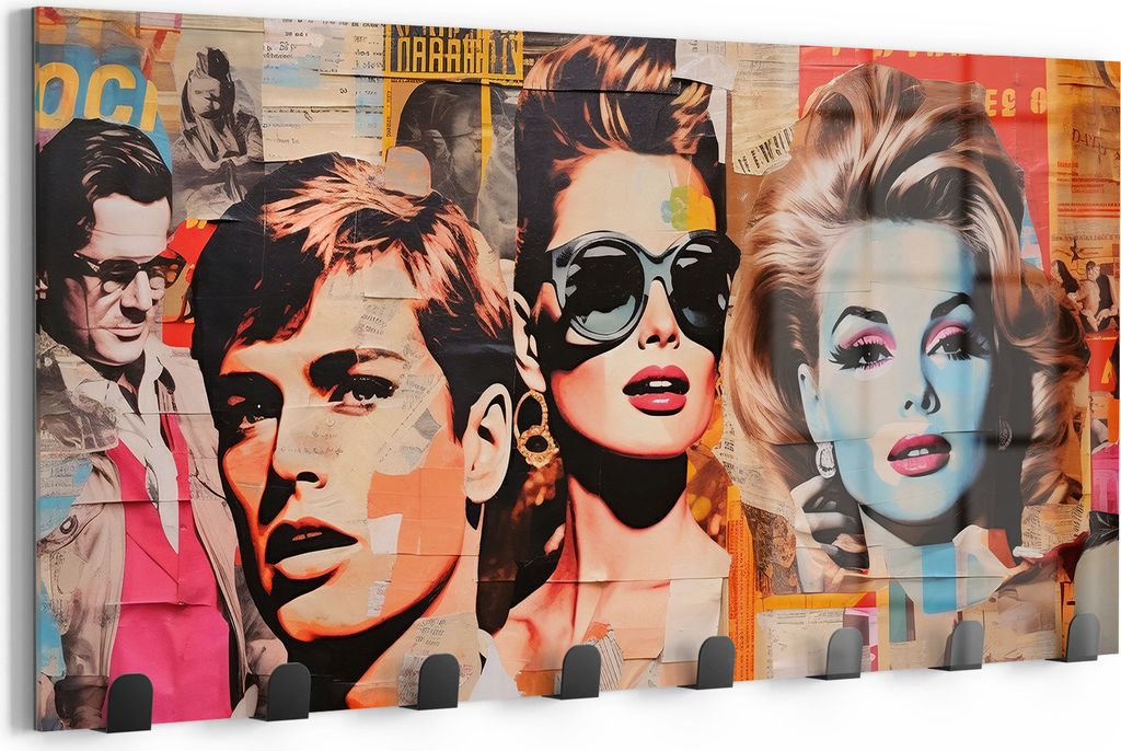 DEQORI Kleiderhaken Glas 60x30 cm 'Ikonen Collage' Wand Garderobe beschreibbar Paneel