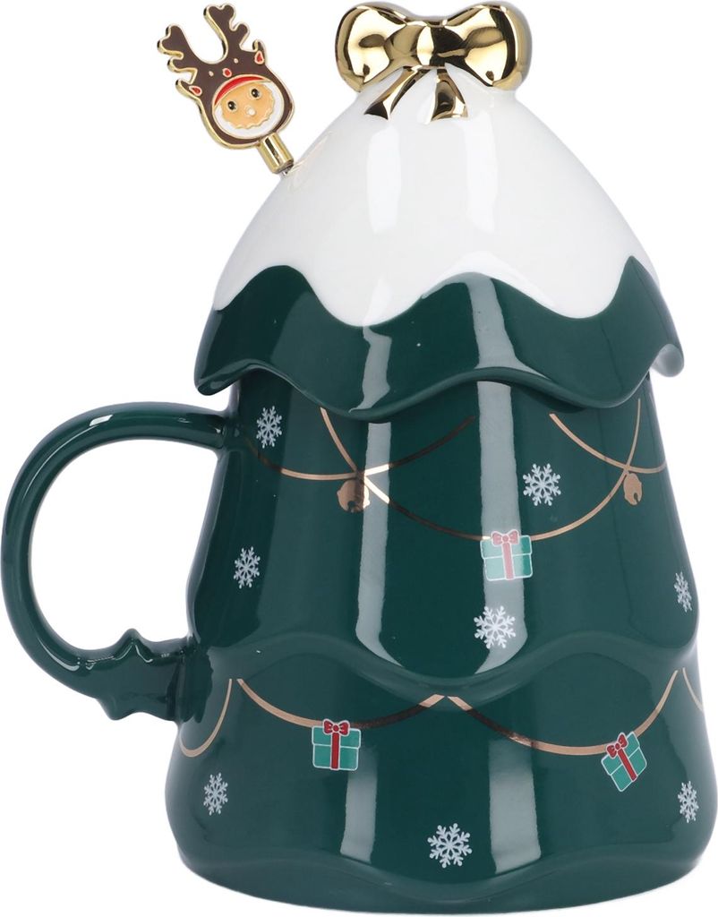 500 ml große Weihnachtstasse aus Keramik, Teetasse, Milchbecher, Kaffeetasse mit Deckel und Löffel für Zuhause, ideal als Weihnachtsgeschenk, Grün
