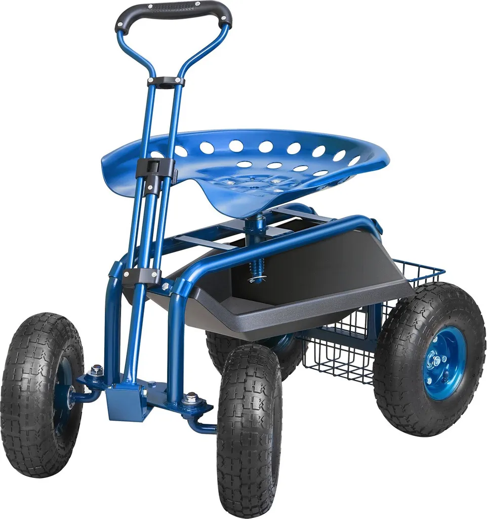 Carrello da officina rotante in acciaio con capacità di carico fino a 136 kg Carrello da giardino con manico da 25 cm e sedile regolabile in altezza da 45 a 54 cm Carrello rotante Pressione pneumatici 30 PSI Sedile da lavoro Sedile da giardino blu - 10