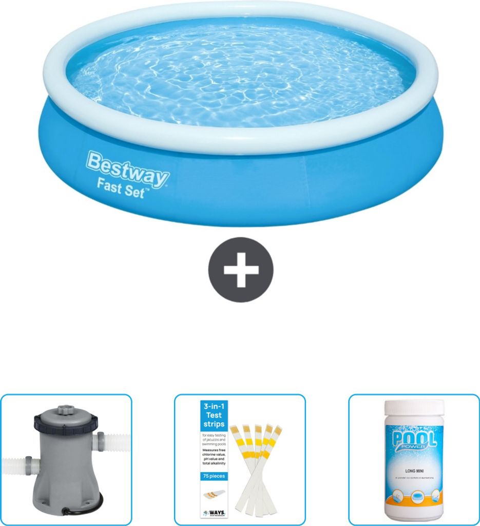 Bestway runder aufblasbarer Fast-Set-Pool – 366 x 76 cm – Blau – im Lieferumfang enthalten Pumpe - Teststreifen - Chlor
