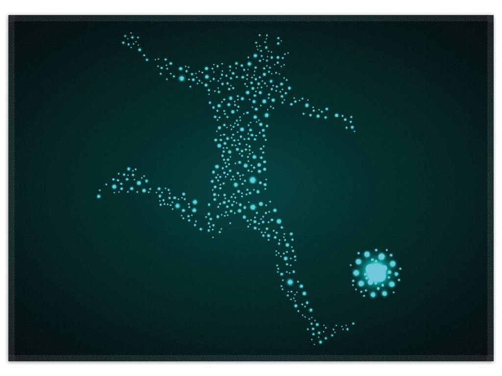 Wallario Premium Teppich, Größe 50 x 70 cm, Fußball - ein Spieler aus tausend Sternen in türkis