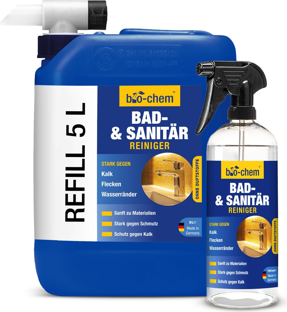 bio-chem Bad- und Sanitärreiniger - Sparset: 5,75 Liter: 5 Liter Kanister + 750 ml Sprühflasche + Ablasshahn - Badreiniger Spray, Kalkentferner m...