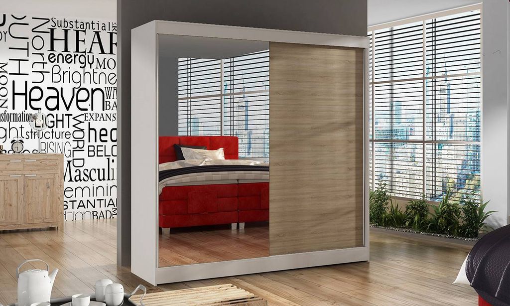 Schwebetürenschrank 2-türig Schrank 200 cm mit Regalen Moderne Kleiderschrank mit Spiegel Garderobe für Kleidung Modell BALI I WEISS / SONOMA