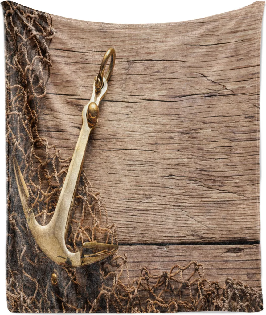ABAKUHAUS Coperta rustica in morbido pile di flanella, ancora da mare e rete da pesca su sfondo di legno, tema mare e pesca, 175 x 230 cm, marrone e cacao