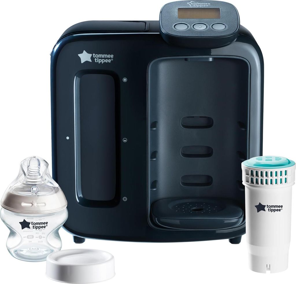A baby bottle warmer and accessories are displayed against a white background.