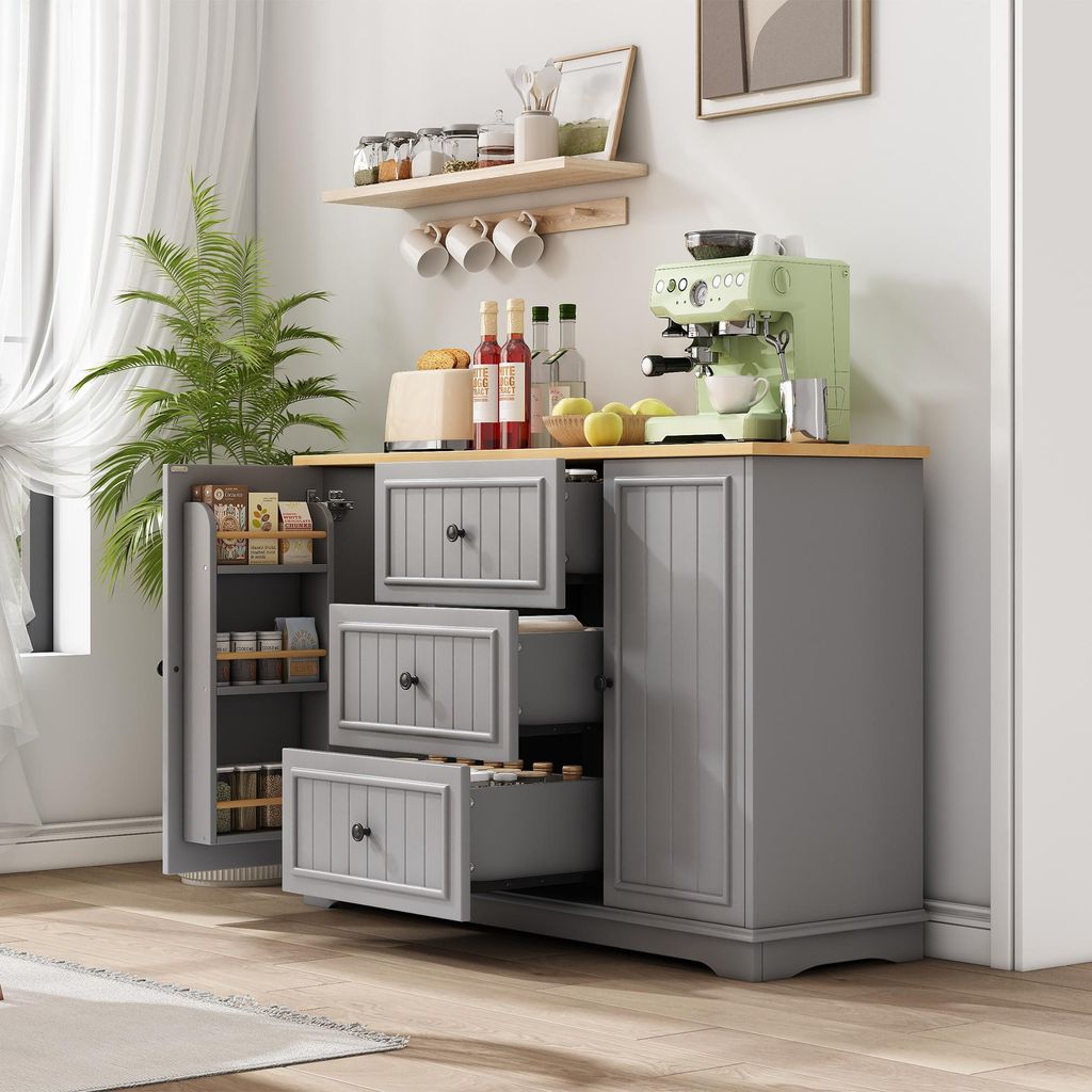 Sideboard Kommode mit 3 Schubladen & Tür-Ablagen, Anrichte Grau & Eiche-Optik, 126x40x86 cm, Skandinavischer Küchenschrank & Beistellschrank