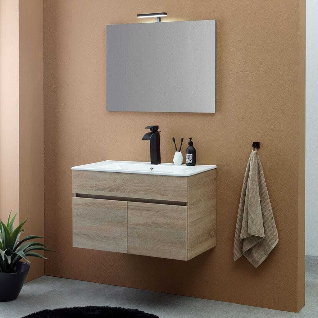 Hängendes Badezimmermöbel Eiche Braun 80 cm, Waschbecken und Spiegel 80x60 Silvia