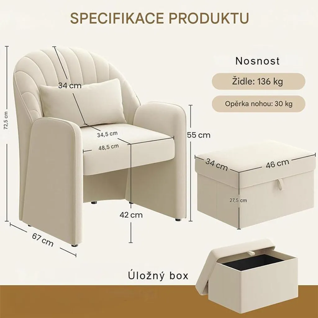 Poltrona Design Velluto Beige 615234 con Ottomana - Eleganza Chic - 7