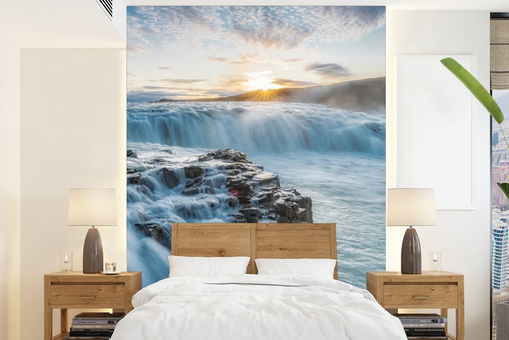 MuchoWow Fototapete für Wohnzimmer oder Schlafzimmer Wandtapete Vinyl Motivtapete Wasserfall - Wasser - Steine - Sonne - Natur - 160x220 cm - Bi...