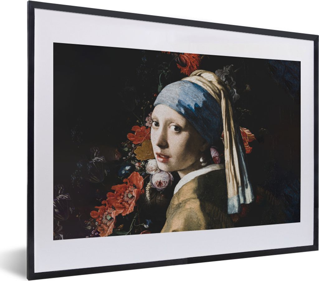 MuchoWow Gerahmtes Poster Das Mädchen mit dem Perlenohrring - Vermeer - Blumen 40x30 cm - Poster mit Schwarzem Bilderrahmen Wandposter Rahmen Fo...