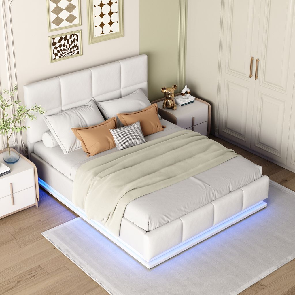 MODFU Boxspringbett Hydraulisches 140 x 200 cm mit LED-Beleuchtung, Polsterbett Funktionelles mit Verstellbares Kopfteil, Doppelbett Stauraumbett m...