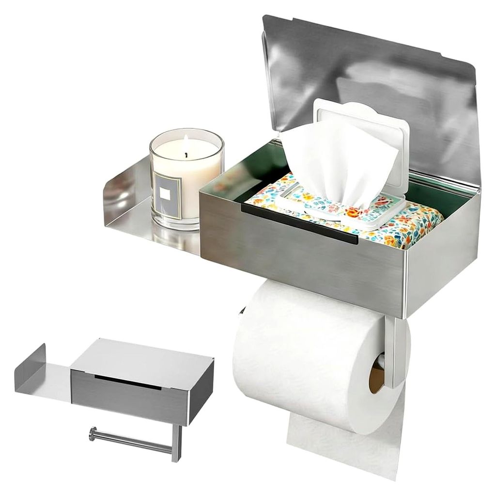 Toilettenpapierhalter mit Feuchttücherbox, ohne Bohren, mit Ablage für Toilettenpapier, Edelstahl WC Rollenhalter für Bad, Küche