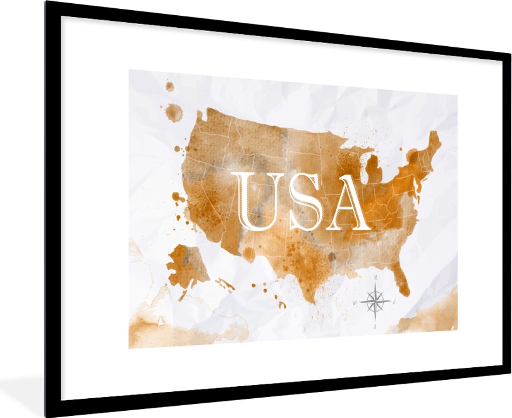 MuchoWow MuchoWow Gerahmtes Poster Karte - Amerika - Gold 90x60 cm - Poster mit zchwarzem Bilderrahmen - Wanddekoration - Fotos