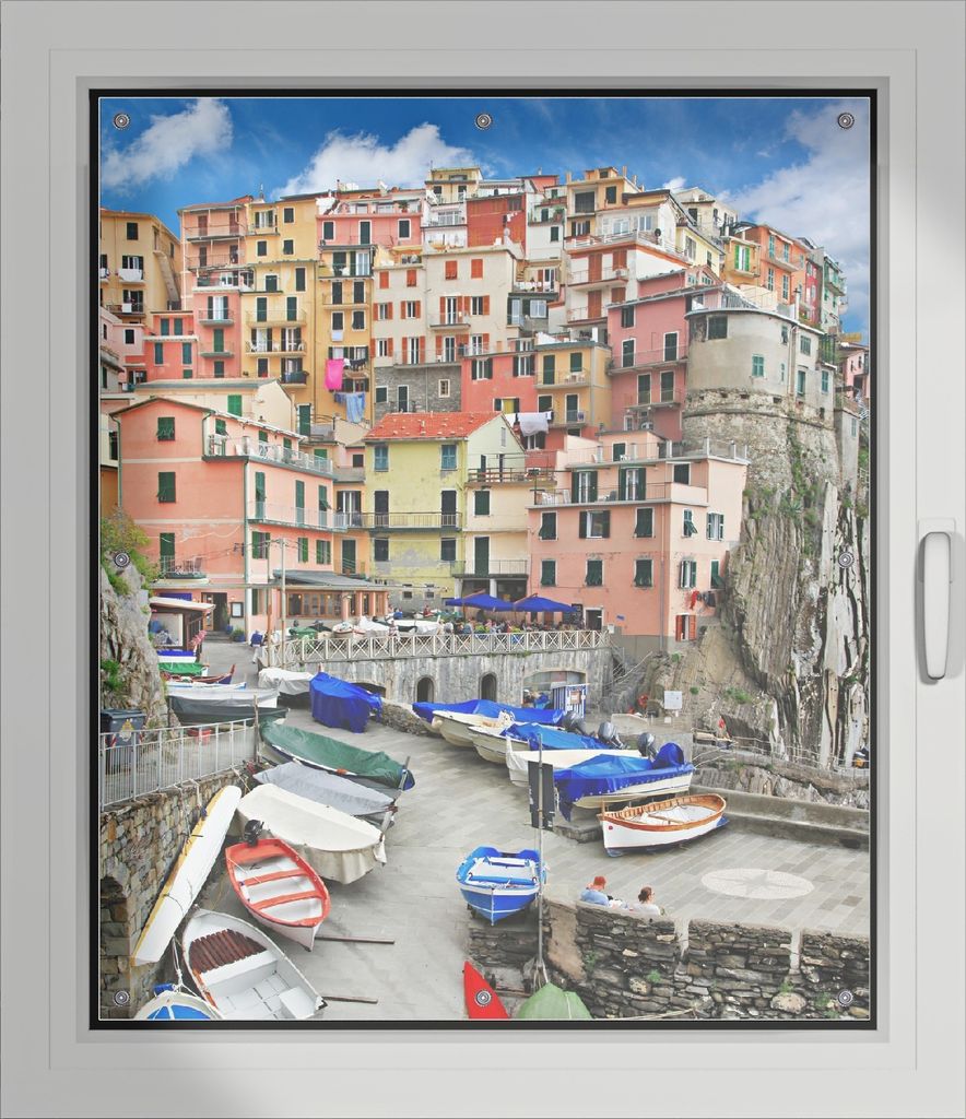 Wallario Lichtschutzbild, Dekorativer Sichtschutz Sonnenschutz 96 x 115 cm mit Motiv: Bunter Hafen in Italien - Verdunklung ohne Bohren