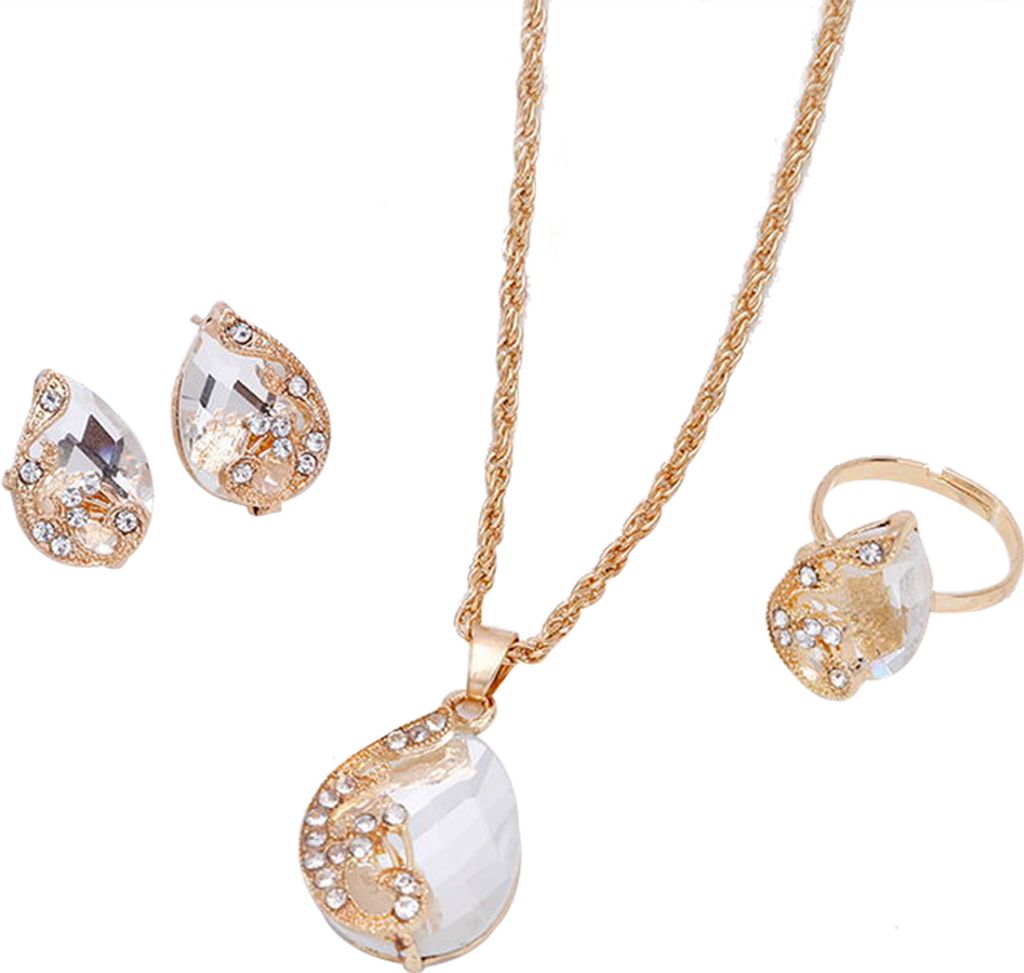 Damen-Schmuckset, glänzend, Wassertropfenform, Strass-Halskette, Ohrringe, Ring, Geschenk-Weiß