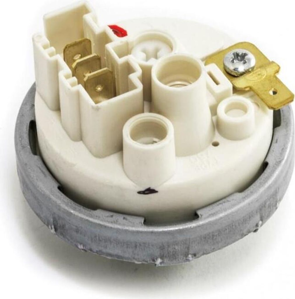 Close-up view of a white and metallic pressure switch with gold connectors.