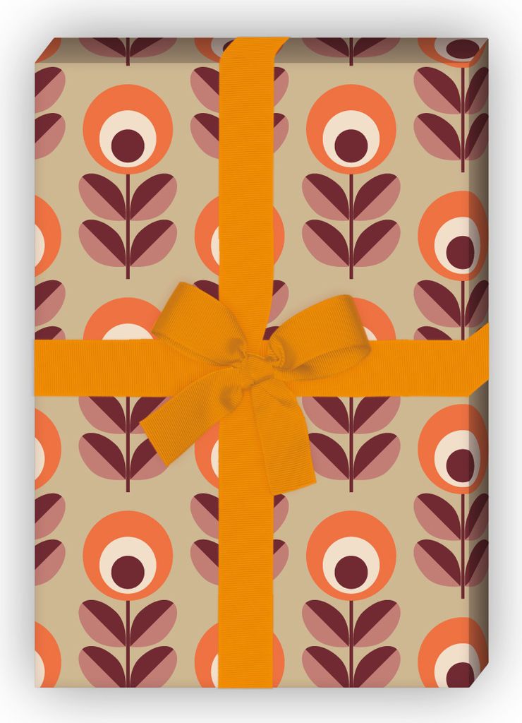 Blumen Geschenkpapier im 70er Jahre Retro Stil, orange beige - G7288, 32 x 48cm