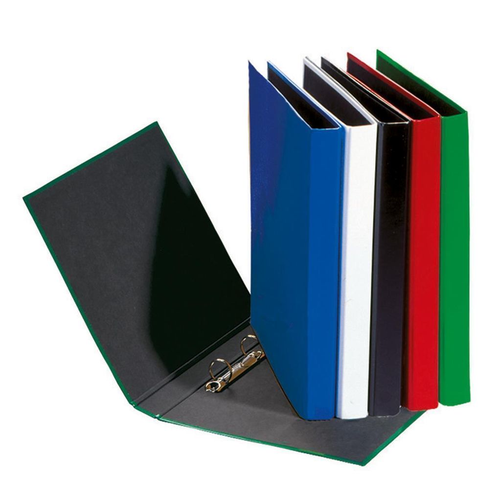 A group of colorful ring binders are displayed, with one green binder open to reveal its interior and metal rings.